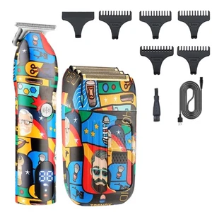 LCD Display Men 2 in 1 Graffitis Hair Clippers Shaver Set with 5 Comb Attachment - Picture 1 of 8