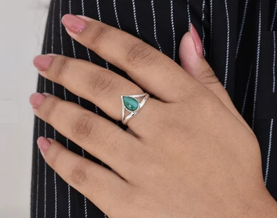 Anel de malaquita natural, anel de prata esterlina, anel de pedra preciosa de pera todos os tamanhos R348 - Imagem 1 de 3