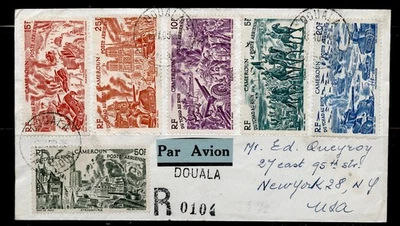 FRENCH CAMEROON 1946 REGISTERED DOUALA COVER COMBO FKD mld U.S. - Image 1 of 4