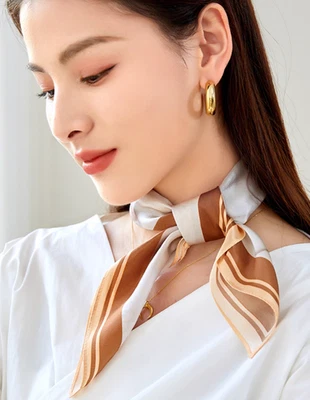 Lenço feminino 100% seda 20" pequeno quadrado envoltório café amarelo MY198 - Imagem 1 de 4