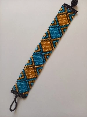 Zulu beaded Bracelet  Handmade by Zulu Ladies South African Gold and Blue - Image 1 of 4