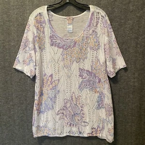 Chicos Sweater Womens 4 XXL Floral Linen Blend Open Knit Tunic Beach Lagenlook - Picture 1 of 8