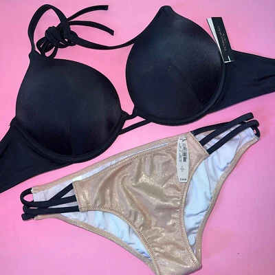 Victoria's Secret 32B,34B BIKINI BOMBA S Parte inferior con tiras NEGRO Rosa Brillo Foto 1 de 2