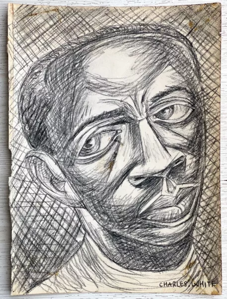 Charles White (Handmade) Drawing On old Paper Signed & Stamped Mixed Media