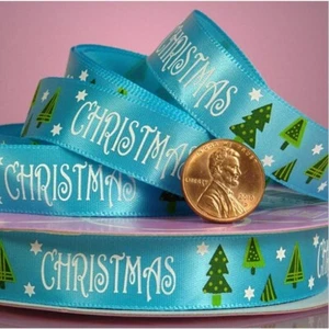 5/8" Wide Christmas Trees On Blue Satin Ribbon - 25 yards (57811275) - Picture 1 of 1
