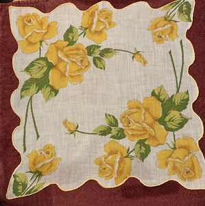 Vintage Yellow Roses on White Hankie Hanky Handkerchief w/Scalloped Edge - Picture 1 of 3