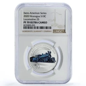 Nicaragua 10 cordobas Locomotora 25 Ibero-American Trains PF70 NGC Ag coin 2020 - Picture 1 of 2