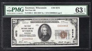 1929 $20 THE FIRST NB OF SEYMOUR, WI NATIONAL CURRENCY CH. #6575 PMG UNC-63EPQ - Picture 1 of 2