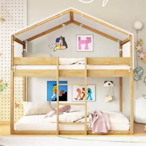 Twin Over Twin Size Wood House Bunk Bed with Tent for Teens Kids Bedroom Natural - Picture 1 of 14