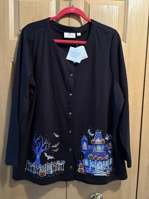 Quacker Factory by Jeannie Bice – Halloween Black Cardigan – Haunted House 2X - Image 1 of 4