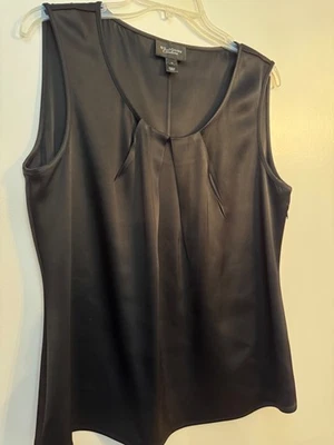 St John knit top size 14 Black Caviar Satin Scoop neckline Side Zipper & pleats - Image 1 of 4