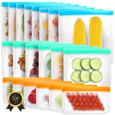 20 Pack Reusable Silicone Freezer Bags - Leakproof Food Storage Bag - Safe Se... - Image 1 of 4