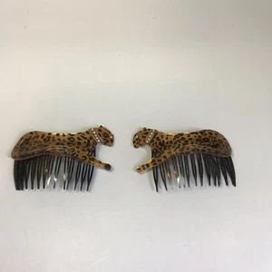 Vintage Plastic Leopard Cheetah Cat Ornamental Set - 2 Hair Combs Made in USA - Picture 1 of 5