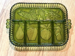 Vintage Indiana Glass Avocado Green Divided Snack Plate Tray Olive Relish Fruit - Picture 1 of 3