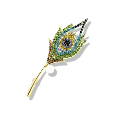 Broche prendedor vintage pluma de pavo real estrás verde Foto 1 de 4