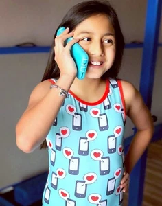 Destira Gymnastics Leotard "Cell Phone" Teal Printed Size CXXS - Picture 1 of 7
