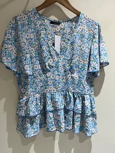 Quiz Top Size 12 New Blue Floral Short Sleeve Fit Flare Blouse Formal Occasion - Picture 1 of 10