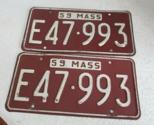 1959 Massachusetts License Plate Tag E 47 993 pair - Picture 1 of 1