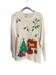 Victoria harbour vintage ivory beaded embroidered Christmas sweater S/M - Picture 1 of 6