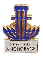 VTG Gold Toned Enameled Lapel Hat Pinback Port Of Anchorage - Picture 1 of 4