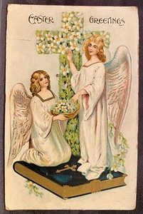 Easter Postcard Two Angels Stand on Bible Decorating Large Cross With Flowers - Picture 1 of 2