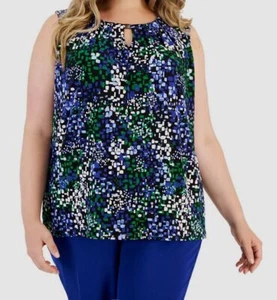 Kasper Women's Blue Printed Keyhole-Front Sleeveless Shirt Top Plus Size 3X - Picture 1 of 2