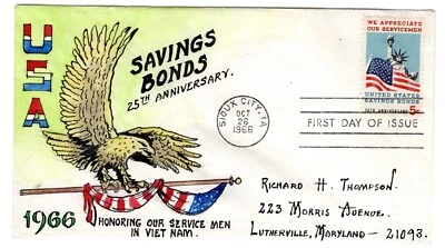 #1320 Savings Bonds 1966 FDC - Herman Maul Hand-painted Eagle & Flag Viet Nam - Image 1 of 2