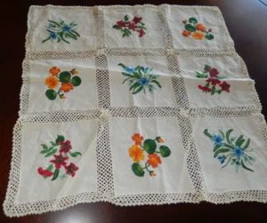 VTG  Ivory Floral Hand Embroidered /Crochet Coffee TeaTable Cover   17.5"X17.5" - Picture 1 of 4
