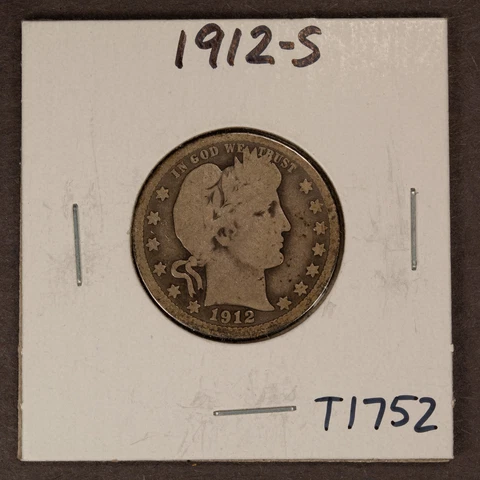 1912-S 25c Silver Barber Quarter - Value Coin - SKU-T1752 Cover