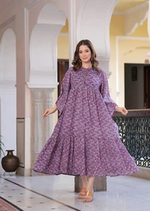 Damen Baumwolle Hand Block Sommer Bedruckt Handarbeit Lavendel Midikleid - Bild 1 von 9