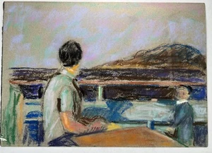 Vtg Impressionism Pastel Drawing 11x14” Father & Son On Boat Sightseeing Family - Picture 1 of 12