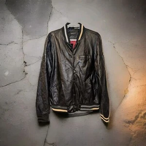 Members Only Faux Leather Jacket Mens Size Large Black Bomber Varsity - Picture 1 of 10