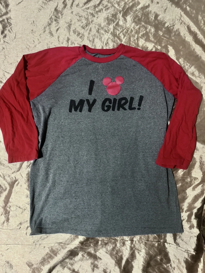 Camisa Parques Disney Talla XL I love My Girl Mickey Mouse Raglán Manga 3/4 Gris Re Foto 1 de 4