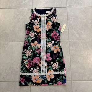 ELIZA J Floral Lace Trim Shift Dress In Blue Multi Sleeveless Sz 8 Party NWT - Picture 1 of 9
