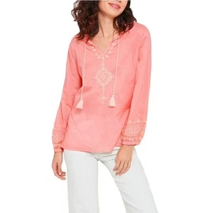 NWT Roller Rabbit Pink Embroidered Long Sleeve V Neck Top Womens X-Large - Picture 1 of 9