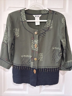 VTG Nina Piccalino SZ 8 Jacket Green Multi Artsy Boho Wood Buttons Bead Accent - Image 1 of 4