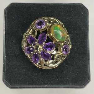 Vintage 925 Sterling Silver Chunky Purple & Opal Stone Design Ring 6.8g Sz 7 - Picture 1 of 3