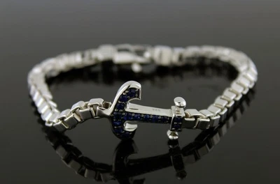 Brazalete de eslabones de cadena de caja de 5 mm con ancla de zafiro azul de plata esterlina Effy tamaño 7,75" Foto 1 de 4