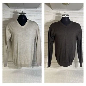 2 maglioni Hart Schaffner Marx extra fine lana merino scollo a V grandi marrone beige - Foto 1 di 16