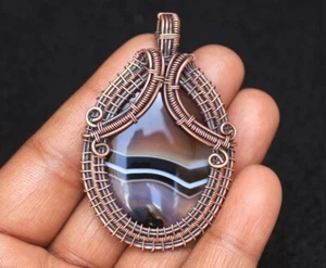 Wedding Gift Pendant Natural Banded Agate Gemstone Copper Wire Wrap Jewelry N414 - Picture 1 of 12