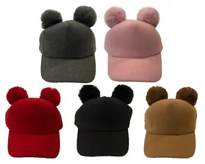 Kids Youth Winter 2 Pom Pom Ball Children Winter Visor Adjustable Warm Cap Hat - Picture 1 of 7