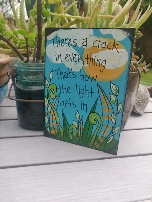 Pintura lírica de la canción del himno de Leonard Cohen en panel de 7 x 5", grieta en todo Foto 1 de 4