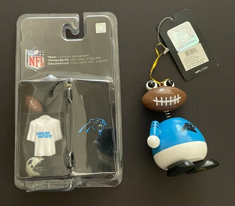 2 Two NFL CAROLINA PANTHERS Team Locker TREE ORNAMENT Wood Football Bobble Head Cover