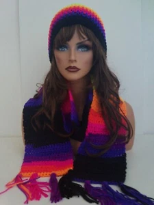 NEON BRIGHT MULTI HAND CROCHET HAT AND SCARF SET BEANIE BERET CLOCHE TAM - Picture 1 of 6