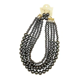 Vintage-Inspired Black Faux Pearl Statement Necklace & Earrings Set – Multi-Stra - Picture 1 of 3