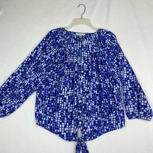 Counterparts Top Blue White Geometric Print Chiffon Tie Front Long Sleeve Size L - Picture 1 of 11