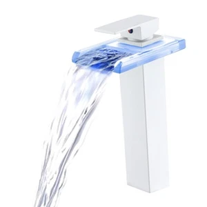 LED Waschtischarmatur, Hochgefäß Waschtischarmatur Matt Weiß Wasserfall Singl... - Bild 1 von 5