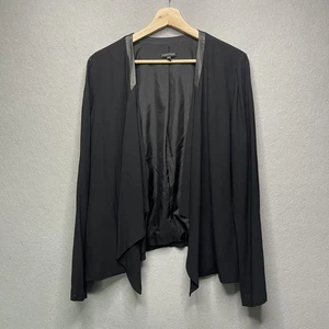 Eileen Fisher Silk Georgete Crepe Jacket Black Drape Front Leather Trim XL - Picture 1 of 6