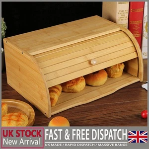 UK Wooden Bread Bin Roll Top Bamboo Counter Rack Food Storage Box Loaf Container - Picture 1 of 14