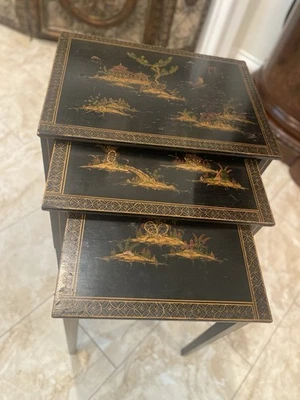1950s Mid-Century Black Lacquer Chinoiserie Nesting Tables - Set of 3 - Image 1 of 4